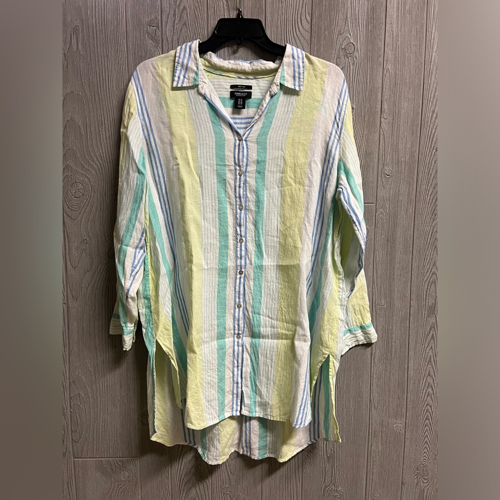 Jones New York 100% Linen Button Down Tunic 1X Blue Aqua Green Striped Shirt